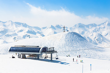 Image showing Skiers on ski lift at Vogel, Slovenia.