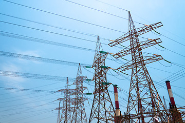 Image showing High-voltage power transmission towers.