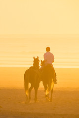 Image showing Horse riding on the beach at sunset.