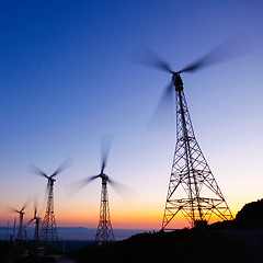 Image showing Wind farm in sunset