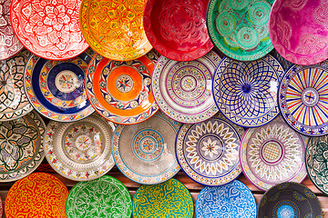 Image showing Traditional arabic colorful clay plates.