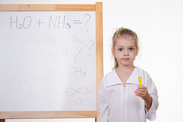 Image showing Chemist with test tube at the blackboard