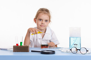 Image showing Mad Chemist pours yellow liquid in a flask