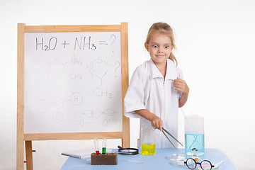 Image showing Girl chemist very surprised by the results of experience