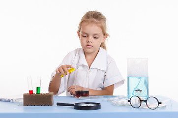 Image showing Chemist pours a yellow liquid in flask