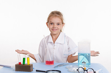 Image showing Chemist girl in chemistry class