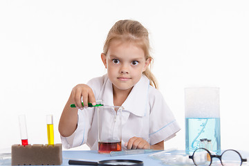 Image showing Mad Chemist pours green liquid in a flask