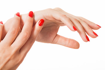 Image showing Woman with beautiful manicured red fingernails