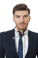 Image showing Man wearing headset with stereo headphones