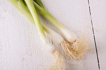Image showing Bunch of fresh leeks or scallions