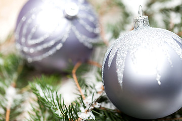 Image showing Silver Christmas ornaments in leaves