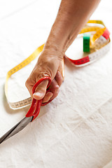 Image showing Hand Cutting Cloth with Scissors