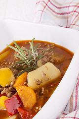 Image showing Hearty Stew in Bowl and Spoon on Plaid Dish Towel