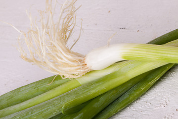 Image showing Bunch of fresh leeks or scallions