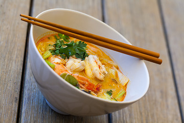 Image showing Bowl of traditional Thai tom yam soup