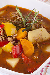 Image showing Hearty Stew in Bowl and Spoon on Plaid Dish Towel