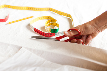 Image showing Hand Cutting Cloth with Scissors