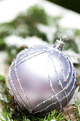 Image showing Silver Christmas ornaments in leaves