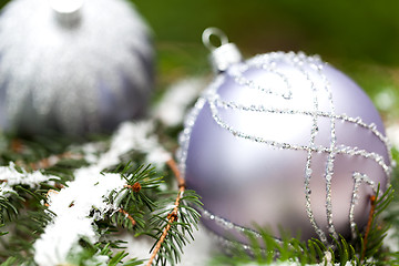 Image showing Silver Christmas ornaments in leaves