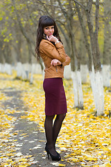 Image showing Portrait of a beautiful girl on the autumn alley in full growth