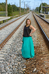 Image showing Standing girl between two railway path