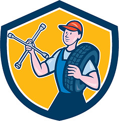 Image showing Mechanic With Tire Wrench Shield Cartoon