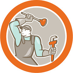 Image showing Plumber Wielding Plunger Wrench Circle Cartoon