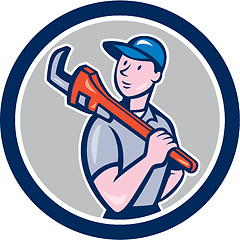 Image showing Plumber Holding Monkey Wrench Circle Cartoon