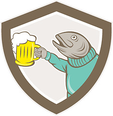 Image showing Trout Fish Holding Beer Mug Shield Cartoon