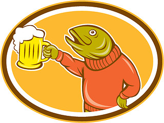 Image showing Trout Fish Holding Beer Mug Oval Cartoon
