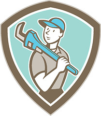 Image showing Plumber Holding Monkey Wrench Shield Cartoon