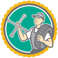 Image showing Mechanic With Tire Wrench Rosette Cartoon