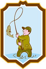 Image showing Fly Fisherman Fish On Reel Shield Cartoon