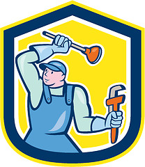 Image showing Plumber Wielding Plunger Wrench Shield Cartoon
