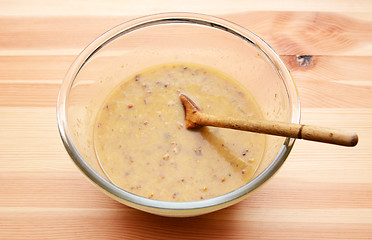 Image showing Banana loaf wet ingredients - mashed fruit, eggs, butter