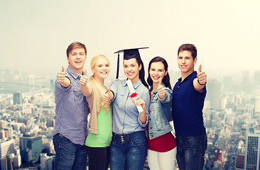 Image showing group of students with diploma showing thumbs up