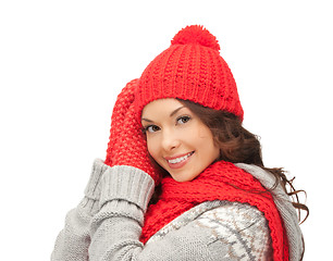 Image showing beautiful asian woman in hat, scarf and mittens