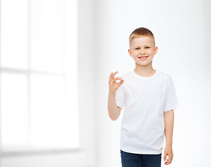 Image showing smiling little boy in white blank t-shirt