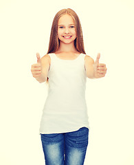 Image showing girl in blank white shirt showing thumbs up