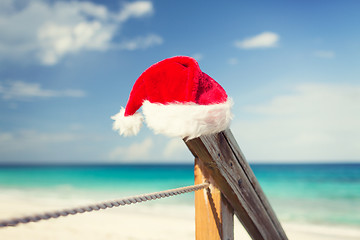 Image showing close up of santa helper hat on beach