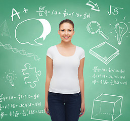 Image showing smiling young woman in blank white t-shirt