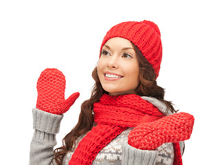 Image showing beautiful asian woman in hat, scarf and mittens