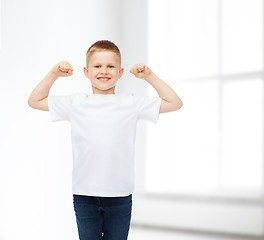 Image showing smiling little boy in white blank t-shirt