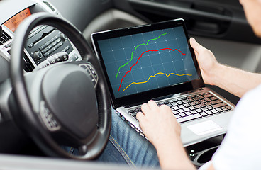 Image showing close up of man using laptop computer in car