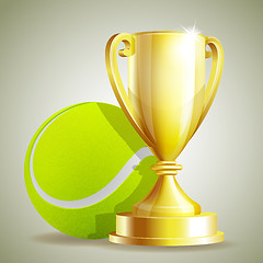 Image showing Golden trophy cup with a Tennis ball.