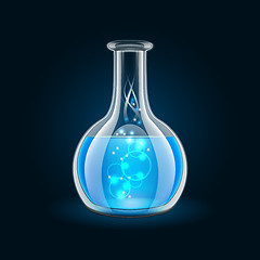 Image showing Transparent flask with magic blue liquid on black background.