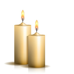 Image showing Two burning candles on white background.