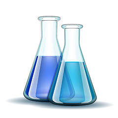 Image showing Chemical laboratory transparent flasks with blue liquid.