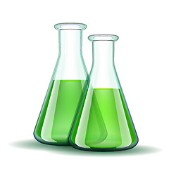 Image showing Chemical laboratory transparent flasks with green liquid