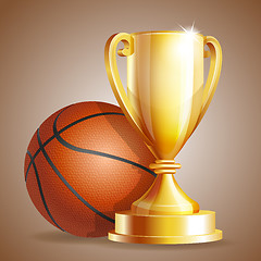 Image showing Golden trophy cup with a Basketball ball.